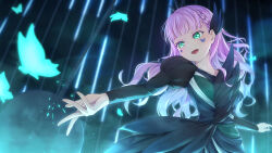 1girl absurdres black_dress black_wings blue_butterfly braid bug butterfly butterfly_wing_(love_live!) commentary dark_background dress facial_mark green_eyes hair_ornament highres insect long_hair long_sleeves love_live! love_live!_superstar!! mixed-language_commentary open_mouth prbili purple_hair solo wien_margarete wing_hair_ornament wings