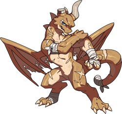 1other bandaged_arm bandaged_foot bandaged_hand bandaged_tail bandages blue_eyes broken_horn dragon dragon_village_(series) dragon_village_collection furrowed_brow furry game_cg horns official_art scar scars_all_over severed_tail standing third-party_source too_many torn_wings transparent_background vegabond_(dragon_village) wings