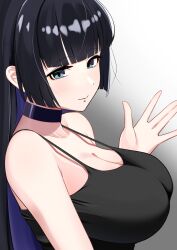 1girl aqua_eyes bare_shoulders bigthirteen0301 black_choker black_hair black_tank_top blunt_bangs bocchi_the_rock! breasts choker colored_inner_hair face_piercing from_side goth_fashion highres labret_piercing large_breasts long_hair looking_at_viewer looking_to_the_side multicolored_hair pa-san piercing purple_hair simple_background smile solo straight_hair tank_top two-tone_hair waving