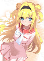 1girl arms_behind_back black_hairband blonde_hair blue_eyes blush bow bowtie chitose_sana commentary_request cowboy_shot double_bun dutch_angle eyelashes eyes_visible_through_hair floating_hair hair_between_eyes hair_bun hair_intakes hairband happy highres long_hair long_sleeves looking_at_viewer miniskirt parted_lips pink_serafuku pink_shirt pink_skirt pleated_skirt red_sailor_collar sailor_collar sakaki_asuka school_uniform serafuku shirt sidelocks simple_background skirt smile solo tenshinranman two_side_up very_long_hair watermark white_background white_bow white_bowtie