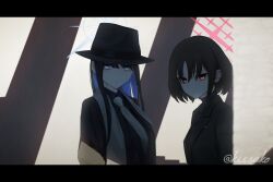 2girls black_hair black_hat black_jacket black_suit blue_archive blue_eyes blue_hair blue_halo colored_inner_hair fedora formal_clothes hair_between_eyes halo hat highres jacket kis_sako long_hair long_sleeves misaki_(blue_archive) multicolored_hair multiple_girls necktie red_eyes red_halo saori_(blue_archive) scarf short_hair suit suit_jacket very_long_hair white_necktie white_scarf
