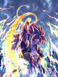Rule 34 | 1boy, aura, brown fur, dragon ball, dragon ball gt, dragon fist (dragon ball), gogeta, happy, muscular, muscular male, punching, red hair, smile, solo, super saiyan, super saiyan 4, tail