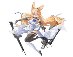 Rule 34 | 1girl, absurdres, assault rifle, barcode, blonde hair, blue eyes, blue flower, blue ribbon, blush, breasts, chinese commentary, commentary request, dress, dress flower, fang, flower, full body, g41 (girls&#039; frontline), girls&#039; frontline, gun, h&amp;k g41, heterochromia, highres, hornesix, long hair, looking at viewer, mechanical arms, mechanical legs, open mouth, red eyes, ribbon, rifle, simple background, small breasts, smile, solo, twintails, weapon, white background, white dress