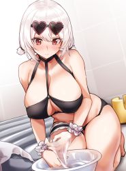 Rule 34 | 1girl, air mattress, alternate costume, azur lane, bathroom, bikini, black bikini, blush, breasts, choker, cleavage, cleavage cutout, closed mouth, clothing cutout, collarbone, commentary request, covered erect nipples, eyewear on head, female focus, frilled cuffs, hair between eyes, heart, heart-shaped eyewear, highres, indoors, kurenai hanpen, large breasts, looking down, lotion, lube, mat, mat play, navel, nuru massage, o-ring, o-ring top, oil, red eyes, seiza, short hair, short twintails, sidelocks, sirius (azur lane), sirius (scorching-hot seirios) (azur lane), sitting, smile, soapland, solo, stomach, sunglasses, swimsuit, thigh strap, tile wall, tiles, twintails, wet, white hair, wrist cuffs