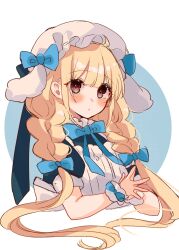 1girl animal_ears apron blue_background blue_bow blue_dress blush bow braid brown_eyes closed_mouth commentary_request cropped_torso dress ear_bow fake_animal_ears frilled_apron frills futaba_anzu hair_bow hat highres idolmaster idolmaster_cinderella_girls idolmaster_cinderella_girls_starlight_stage long_hair looking_at_viewer low_twintails maid maid_apron mob_cap puffy_short_sleeves puffy_sleeves rabbit_ears rino_cnc round_image short_sleeves solo steepled_fingers twin_braids twintails two-tone_background upper_body very_long_hair white_apron white_background white_hat wrist_cuffs