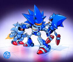assault_visor commentary english_commentary fighting fire humanoid_robot lifting_person looking_down mecha_sonic_mki mecha_sonic_mkii metal_sonic no_humans one-eyed red_eyes robot shadow sonic_(series) sonic_cd sonic_the_hedgehog_(classic) sonic_the_hedgehog_2 spikes the_congressman