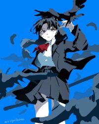 1girl 2525gorillachan artist_name bird black_hair blue_background highres kagurabachi long_hair long_sleeves samura_iori school_uniform shirt simple_background skirt solo watermark