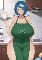 Rule 34 | 1girl, apron, breasts, english text, freckles, gen 8 pokemon, highres, huge breasts, lana&#039;s mother (pokemon), mature female, naked apron, nintendo, no sclera, pokemon, pokemon (anime), pokemon (creature), pokemon sm (anime), sleeptopi, sobble