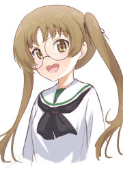 1girl absurdres black_neckerchief black_ribbon brown_eyes brown_hair cropped_torso girls_und_panzer glasses hair_ribbon highres long_hair looking_at_viewer neckerchief ooarai_school_uniform oono_aya open_mouth ribbon rimless_eyewear round_eyewear sailor_collar school_uniform serafuku shirt simple_background smile solo trollzamahd twintails upper_body white_background white_sailor_collar white_shirt