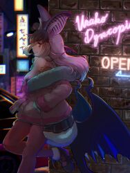 1girl animal_ears bat_ears bat_girl bat_wings brown_eyes brown_hair brown_long-eared_bat_(kemono_friends) extra_ears grey_hair highres jacket kemono_friends kemono_friends_v_project leotard long_hair looking_at_viewer microphone multicolored_hair neon_lights night okyao pantyhose shoes skirt solo streaked_hair virtual_youtuber wings