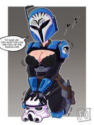 1girl absurdres armor black_bodysuit black_gloves bo-katan_kryze bodysuit breasts cleavage cleavage_cutout clothing_cutout english_text faradayone10 gloves helmet highres kneeling pauldrons shoulder_armor solo speech_bubble star_wars stormtrooper_helmet the_mandalorian unworn_headwear unworn_helmet