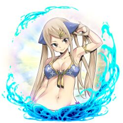 Rule 34 | 1girl, abigail (gate of nightmares), bikini, blue bikini, breasts, brown eyes, bug, butterfly, cleavage, collarbone, gate of nightmares, hair ornament, hand in own hair, highres, insect, large breasts, long hair, long sidelocks, looking at viewer, mashima hiro, navel, official alternate costume, official art, sidelocks, simple background, solo, swimsuit, transparent background, twintails, upper body