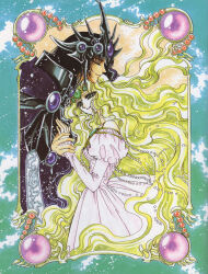 1990s_(style) 1boy 1girl absurdres armor bare_shoulders black_hair blonde_hair circlet clamp cloak closed_eyes couple dress emeraude_(rayearth) floating_hair happy headgear hetero highres holding_hands hug jewelry long_hair magic_knight_rayearth official_art retro_artstyle scan very_long_hair white_dress zagato zagato_(rayearth)