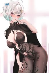 1girl acedia alternate_costume aqua_hair black_cloak black_dress blue_eyes blush bow breasts chronopattern_dress cloak clothing_cutout dress gradient_hair hair_bow hair_ornament highres indie_virtual_youtuber large_breasts mint_fantome multicolored_hair nail_polish navel_cutout one_side_up pointy_ears red_nails short_hair solo triangular_headpiece virtual_youtuber white_hair x_hair_ornament