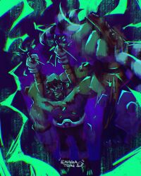 Rule 34 | 2boys, absurdres, beard, belt, ben 10, black hair, chromatic aberration, claws, commentary, electricity, electrokinesis, enagatori 38, english commentary, facial hair, frankenstrike, full body, glowing, glowing eyes, green eyes, green lightning, highres, large hands, lightning bolt symbol, looking at viewer, male focus, multiple boys, muscular, muscular male, omnitrix, pants, pectorals, short hair, signature, standing, tentacles, topless male, white belt, wristband, zs&#039;skayr