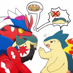 ? anger_vein animated commentary fire food gen_2_pokemon koraidon looping_animation mouth_hold nintendo no_humans orange_eyes pointing pokemon pokemon_(creature) quilava red_eyes sandwich signature spoken_character spoken_food spoken_object submarine_sandwich symbol-only_commentary tagme taro_(tontaro) twitter_username typhlosion video