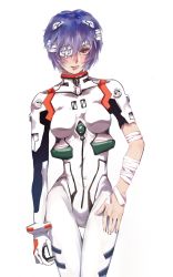 1girl ayanami_rei baiyishaonian_huam bandage_over_one_eye bandaged_arm bandages blue_hair bodysuit bracer cowboy_shot expressionless female_focus gloves hair_ornament hairclip hand_on_own_hip hand_on_own_thigh highres impossible_bodysuit impossible_clothes interface_headset_(evangelion) looking_at_viewer mecha_pilot_suit neon_genesis_evangelion one_eye_covered plugsuit_(evangelion) red_eyes short_hair simple_background single_glove skinny solo thigh_gap torn_bodysuit torn_clothes turtleneck white_background