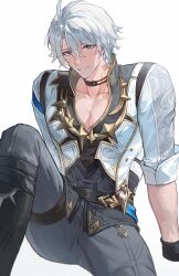 Rule 34 | 1boy, antenna hair, black choker, black gloves, black pants, black shirt, blue eyes, blush, choker, coat, gloves, hashtag-only commentary, highres, honkai: star rail, honkai (series), looking at viewer, male focus, neck tattoo, pants, parted bangs, pectoral cleavage, pectorals, phainon (honkai: star rail), shirt, short hair, simple background, solo, sun symbol, sun tattoo, tan, tattoo, thigh strap, toned, toned male, ven0305, white background, white coat, white hair