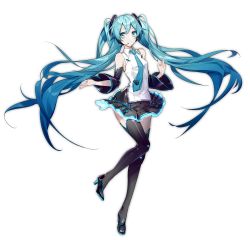 1girl aqua_eyes aqua_hair detached_sleeves female_focus floating_hair full_body hatsune_miku headset high_heels highres long_hair necktie simple_background skirt solo thighhighs twintails very_long_hair vocaloid white_background yyb
