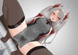 Rule 34 | 1girl, absurdres, ahoge, azur lane, breasts, brown thighhighs, commentary request, covered navel, dress, gradient background, grey background, grey dress, grey hair, hakkaman119, highres, large breasts, large variant set, long hair, multicolored hair, open mouth, prinz eugen (azur lane), pussy juice, sideboob, solo, squatting, streaked hair, thick thighs, thighhighs, thighs, tongue, two side up, variant set