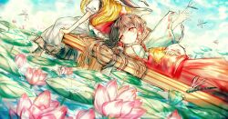 2girls apron ascot black_dress blonde_hair brown_hair bug cloud detached_sleeves dock dragonfly dress expressionless flower hair_tubes hakurei_reimu hand_on_own_stomach hand_up insect kirisame_marisa long_hair lotus lotus_leaf multiple_girls red_eyes red_shirt red_skirt sanuo shirt short_sleeves skirt sky touhou water white_apron yellow_ascot