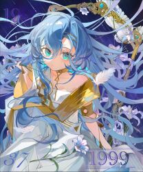 1999 1girl 37_(reverse:1999) :/ adjusting_hair ancient_greek_clothes armlet blue_background blue_eyes blue_hair character_name daiyuan feathers floating_hair flower gold_choker greco-roman_clothes hand_up highres jewelry long_hair looking_to_the_side picture_frame purple_flower reverse:1999 solo toga upper_body very_long_hair white_feathers
