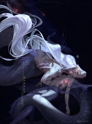 2boys absurdly_long_hair air_bubble ass back_muscles black_background blonde_hair bracelet bubble closed_eyes cloud_strife commentary couple english_commentary english_text final_fantasy final_fantasy_vii hand_on_another&#039;s_face highres jeriafterdark jewelry kiss long_hair male_focus merman monster_boy multiple_boys muscular muscular_male parted_hair pectorals scales sephiroth short_hair topless_male twitter_username very_long_hair white_hair yaoi
