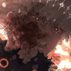 1boy bakugou_katsuki bel_(slbelen_) blonde_hair blood blood_in_hair blood_on_face boku_no_hero_academia close-up closed_mouth commentary english_commentary green_eyes highres lips looking_at_viewer male_focus multicolored_eyes portrait red_eyes short_hair solo spiked_hair superhero_costume teeth torn_clothes