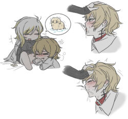 1boy 1girl animal_collar black_sweater blonde_hair breasts chibi coat collar cunnilingus faust_(project_moon) hetero lab_coat lapels large_breasts limbus_company n_corp._fanatic_(identity)_(project_moon) notched_lapels ohzv oral petting project_moon red_collar ribbed_sweater sinclair_(project_moon) speech_bubble spoken_animal sweater white_coat yellow_eyes