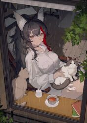 1girl absurdres animal_ear_fluff animal_ears black_choker black_hair cat choker cine_(wazd0183) closed_mouth collared_shirt commentary_request day double-parted_bangs dress_shirt flipped_hair hair_ornament hairclip highres hololive long_hair long_sleeves looking_outside multicolored_hair ookami_mio puffy_long_sleeves puffy_sleeves red_hair shirt sidelocks sitting smile solo spiked_hair streaked_hair virtual_youtuber white_shirt wolf_ears wolf_girl yellow_eyes