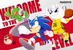 absurdres alien angry_birds animal_ears ball basketball_(object) basketball_uniform bear_ears blue_eyes character_request check_character check_copyright colored_skin copyright_request furry furry_male gloves green_eyes green_skin headphones highres new_year official_art red_(angry_birds) sega sega_sammy shirt shoes sleeveless sleeveless_shirt sonic_(series) sonic_the_hedgehog sportswear thick_eyebrows uno_yuuji v white_gloves yellow_shoes