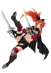 1girl abs arm_armor bandeau belt black_bandeau black_boots black_gloves black_ribbon black_scarf black_shorts blonde_hair boobplate boots breastplate breasts brown_belt closed_mouth commentary_request cropped_jacket dual_wielding fingerless_gloves floating floating_hair full_body gloves gradient_hair groin hair_between_eyes hair_ribbon highres holding holding_sword holding_weapon jacket katainaka_no_ossan_kensei_ni_naru knee_armor knee_boots large_breasts long_hair micro_shorts midriff multicolored_hair navel nozaposo open_clothes open_jacket red_eyes red_hair red_jacket red_thighhighs ribbon scarf short_sleeves shorts sidelocks simple_background skindentation smile solo surena_lysandra sword thighhighs weapon white_background