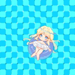 1girl alternate_costume bare_legs bare_shoulders bikini blonde_hair blue_eyes cartethyia_(wuthering_waves) commentary_request crown_of_thorns frilled_bikini frills from_above highres long_hair looking_up obyake optical_illusion parted_bangs pointy_ears primrose_field_illusion sidelocks solo swim_ring swimsuit tacet_mark_(wuthering_waves) tagme white_bikini wuthering_waves