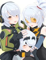 3girls absurdres anby_demara black_hairband clone deiku_(day9_fujimiya) eyepatch fingerless_gloves gloves goggles grey_hair hair_between_eyes hairband headphones highres looking_at_viewer multiple_girls neck_brace open_mouth orange_eyes ponytail short_hair smile soldier_11_(zenless_zone_zero) twiggy_(zenless_zone_zero) white_hair zenless_zone_zero