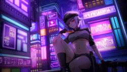1girl absurdres black_gloves black_hat black_shorts breasts claudia_moneta closed_mouth collarbone commission fingerless_gloves fushi_yohaku gloves grey_hair hat highres holding holding_knife indie_virtual_youtuber knife linea_alba navel neon_sign on_railing railing red_eyes short_hair shorts sidelocks sitting sky solo star_(sky) starry_sky stomach taut_clothes thighs vgen_commission virtual_youtuber