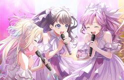 3girls :d ^_^ anyoji_hime blonde_hair blue_hair blunt_bangs bow brown_hair closed_eyes clothing_cutout cowboy_shot fang fujishima_megumi game_cg gradient_hair hair_bow hair_ribbon highres holding holding_microphone light_blue_hair link!_like!_love_live! link_to_the_future_(love_live!) long_hair love_live! microphone mira-cra_park! multicolored_hair multiple_girls official_alternate_costume official_art open_mouth osawa_rurino parted_bangs pink_hair ponytail purple_eyes ribbon shoulder_cutout sidelocks smile stage sweatdrop swept_bangs teeth third-party_source twintails two_side_up upper_teeth_only very_long_hair virtual_youtuber white_bow white_ribbon