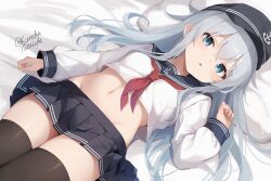 1girl anchor_symbol black_sailor_collar black_skirt black_thighhighs blue_eyes breasts flat_cap grey_hair hair_between_eyes hat hibiki_(kancolle) kantai_collection long_hair long_sleeves looking_at_viewer lying midriff miniskirt navel neckerchief on_back open_mouth pillow pleated_skirt red_neckerchief sailor_collar school_uniform serafuku skirt small_breasts solo tateishi_kureha thighhighs very_long_hair