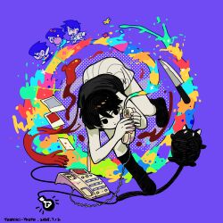 &gt;_&lt; 1girl 3boys ^_^ aubrey_(headspace)_(omori) aubrey_(omori) ba_wu90665 black_hair black_socks black_tank_top cat chibi closed_eyes closed_mouth colored_skin expressionless hero_(headspace)_(omori) hero_(omori) highres holding holding_phone kel_(headspace)_(omori) kel_(omori) kneehighs knife light_bulb lofter_username mewo multiple_boys omori omori_(omori) open_mouth phone purple_background purple_hair short_hair shorts simple_background socks striped_clothes striped_shorts tank_top vertical-striped_clothes vertical-striped_shorts white_shorts white_skin