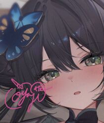 1girl black_dress black_hair blue_archive blush butterfly_hair_ornament dress green_eyes hair_between_eyes hair_bun hair_ornament heart kisaki_(blue_archive) looking_at_viewer open_mouth oyaji_hime sidelocks