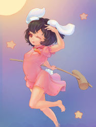 1girl :p animal_ears arm_up barefoot black_hair blue_background breasts carrot_necklace covered_navel dress floppy_ears foot_out_of_frame gradient_background highres holding holding_mallet inaba_tewi jewelry kine mallet moon necklace no_eyebrows pink_dress rabbit_ears rabbit_tail red_eyes short_hair simple_background small_breasts solo star_(symbol) tail toes tongue tongue_out touhou xiaoice0209