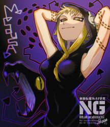1girl arms_behind_head artist_name black_hood black_hoodie blonde_hair braid breasts character_name commentary_request english_text hair_between_breasts highres hood hoodie kabochashige looking_at_viewer medium_breasts medusa_gorgon purple_background sleeveless sleeveless_hoodie slit_pupils smug snake snake_tattoo solo soul_eater tattoo twitter_username umbrakinesis watermark yellow_eyes