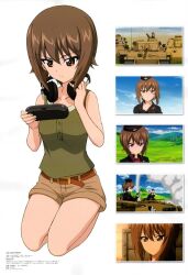 Rule 34 | 1girl, belt, black hat, blue sky, breasts, brown belt, brown eyes, brown hair, brown panties, brown shorts, buttons, closed mouth, colored skin, cross, day, dress shirt, earphones around neck, emblem, fog, frown, garrison cap, girls und panzer, green tank top, hair between eyes, handheld game console, hat, highres, holding, holding handheld game console, holding map, itsumi erika, jacket, kneeling, kuromorimine (emblem), kuromorimine military uniform, lapel pin, lapels, light smile, magazine scan, map, mc axis, medium breasts, military, military hat, military uniform, military vehicle, motor vehicle, nishizumi maho, non-web source, official art, on tank, panther (tank), panties, playstation portable, red shirt, red trim, scan, school uniform, serious, shirt, short hair, shorts, simple background, sky, smoke, smoke trail, solo, sunset, tank, tank top, tiger i, tiger ii, translation request, underwear, white skin