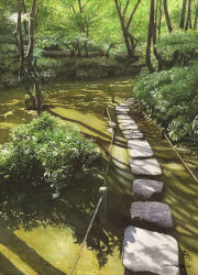 Rule 34 | bush, fence post, highres, hill, no humans, original, painting (medium), plant, rope, rope fence, scenery, shadow, stepping stones, sunlight, traditional media, tree, watanabe masato, watercolor (medium)