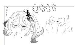 1girl 1other :i animalization cat closed_eyes closed_mouth genshin_impact gradient_hair greyscale hair_ornament hirarinoie leaf_hair_ornament monochrome multicolored_hair multiple_views nahida_(genshin_impact) side_ponytail simple_background squishing