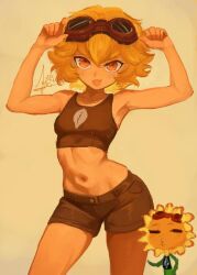 artist_request bare_shoulders blonde_hair breasts collarbone colored_skin flower goggles humanization komugiiz_(artist) midriff monster_girl navel orange_eyes orange_skin plant plant_girl plants_vs._zombies shorts simple_background small_breasts smile solar_flare_(plants_vs._zombies) sunflower tank_top yellow_background