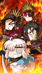 &gt;_&lt; 1boy 3girls :d ahoge aqua_haori black_capelet black_gloves black_hair black_hat black_jacket black_scarf black_thighhighs bow brown_hair cape capelet chacha_(fate) chibi chibi_only commentary fate/grand_order fate_(series) fiery_background fire gloves grey_eyes gudaguda_meiji_ishin gun hair_over_one_eye half_updo haori hat hijikata_toshizou_(fate) holding holding_gun holding_sword holding_weapon jacket japanese_clothes katana keikenchi kimono long_hair looking_at_viewer multiple_girls oda_nobunaga_(fate) oda_nobunaga_(koha-ace) official_art okita_souji_(fate) okita_souji_(koha-ace) open_mouth orange_background peaked_cap pink_bow pink_hair red_cape red_eyes ringed_eyes scarf shinsengumi short_hair short_kimono sidelocks smile sword thighhighs third-party_source v-shaped_eyebrows weapon weapon_request white_kimono
