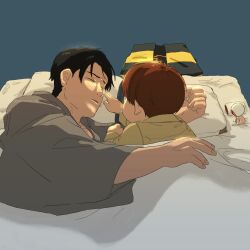2boys back_hair black_hair blanket brown_hair chanchanko_(clothes) cheek_poking child close-up closed_eyes dark edosumo_nin futon gegege_no_kitarou glowing highres japanese_clothes kimono kitarou kitarou_tanjou:_gegege_no_nazo lying male_focus mature_male medama_oyaji mizuki_(gegege_no_kitarou) multiple_boys on_side pajamas parted_hair pillow poking shadow shiny_skin sleeping yukata