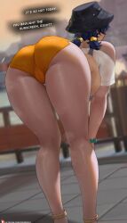 1girl alternate_costume ass ass_focus bare_shoulders belle_(zenless_zone_zero) bent_over blue_hair breasts cameltoe from_behind hat huge_ass large_breasts leaning leaning_forward long_hair low_twintails oroborus short_shorts shorts sideboob solo sweat thick_thighs thighs twintails zenless_zone_zero