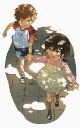 1boy 1girl aged_down bandaid bandaid_on_arm bandaid_on_cheek bandaid_on_face bandaid_on_hand bandaid_on_leg black_shoes black_shorts bow brother_and_sister brown_eyes brown_hair child commentary_request dappled_sunlight dress green_eyes hair_between_eyes hair_bow heart heart_print highres holding_hands kneehighs long_sleeves looking_at_another lower_teeth_only mary_janes medium_hair messy_hair mikan_(migwang) open_mouth orange_hair pink_bow pink_shirt project_sekai red_shirt shinonome_akito shinonome_ena shirt shoes short_hair short_sleeves short_twintails shorts siblings socks sunlight t-shirt tearing_up teeth tile_floor tiles tongue twintails two-tone_shirt white_shirt