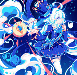 1girl ahoge air_bubble ascot blue_ascot blue_background blue_eyes blue_hair blue_hat blue_jacket blue_skirt blue_theme bubble chinese_commentary commentary_request cowboy_shot cropped_legs duskorgan furina_(genshin_impact) genshin_impact hair_between_eyes hat highres hydro_symbol_(genshin_impact) jacket long_hair long_sleeves looking_at_viewer multicolored_hair pleated_skirt skirt solo standing thighhighs top_hat underwater vision_(genshin_impact) water white_hair white_thighhighs